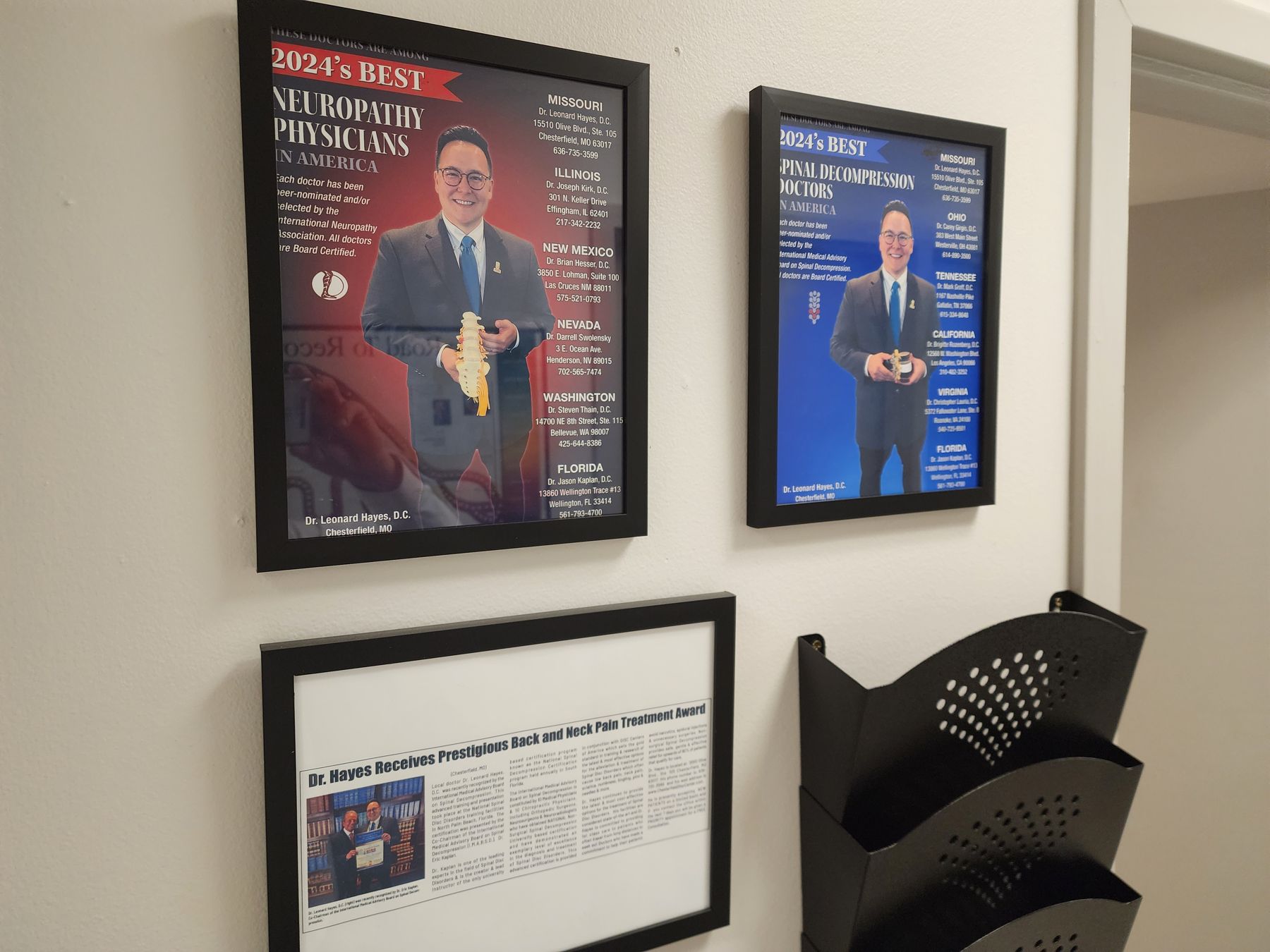 Recognition and published work displayed at the Bonesetters office in Chesterfield